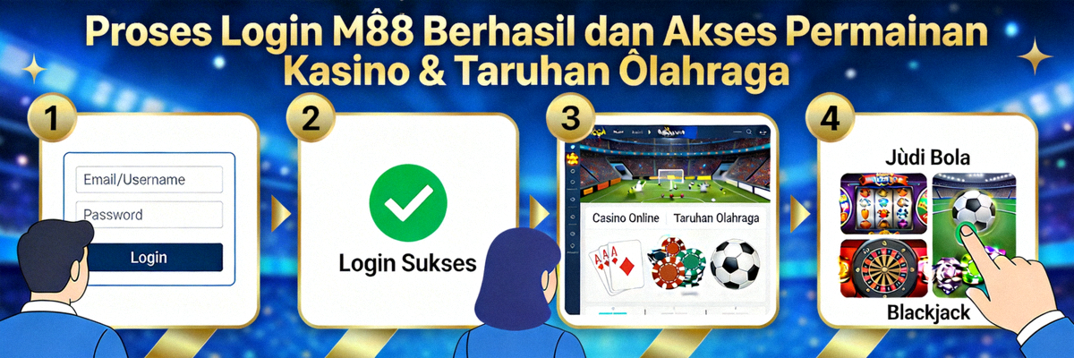 Ilustrasi proses login M88 yang sukses dan akses ke berbagai permainan kasino dan taruhan olahraga