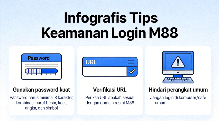 Infografis tentang tips keamanan login M88 termasuk menggunakan password kuat, verifikasi URL, dan menghindari perangkat umum